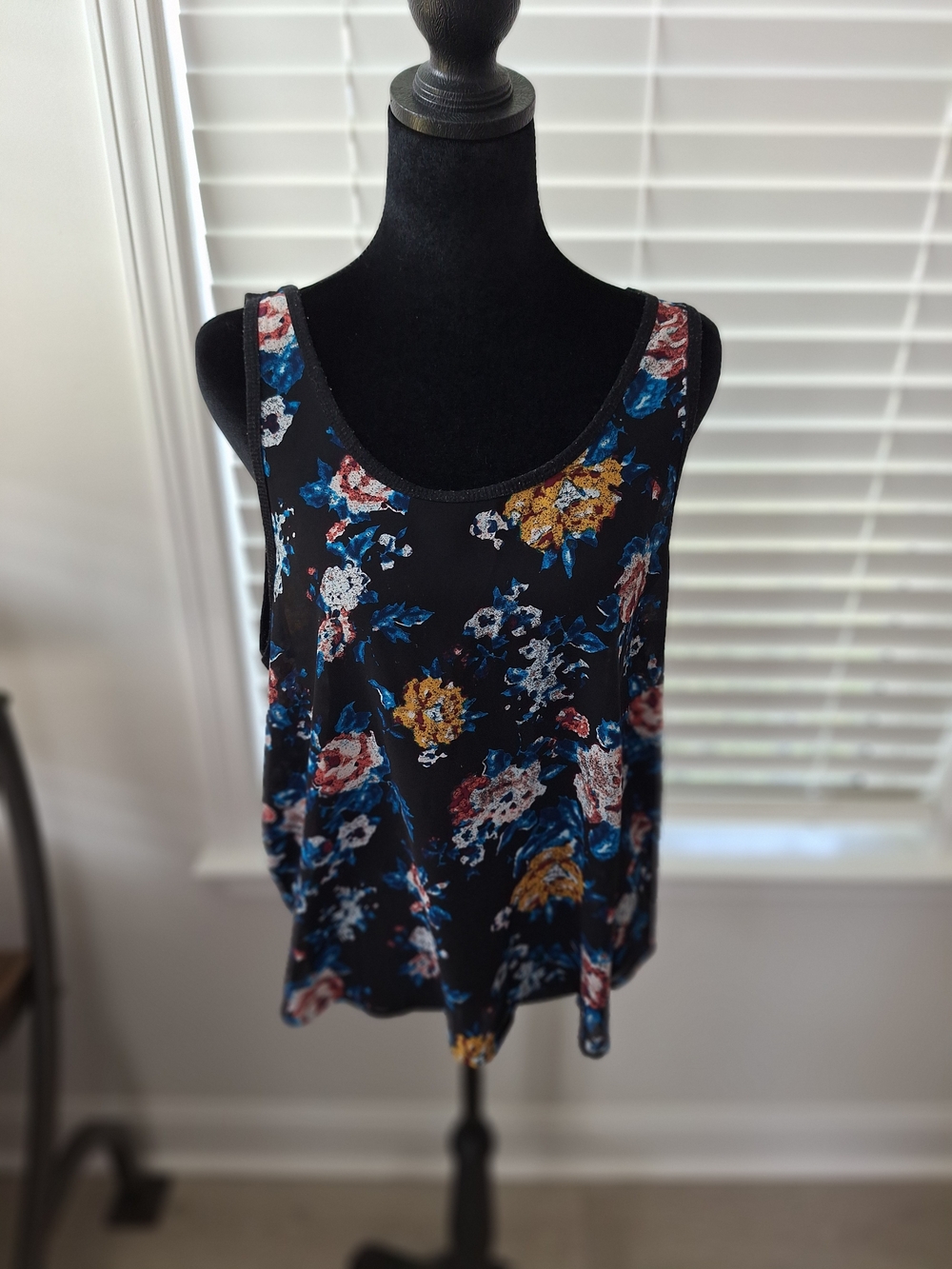 Mudd Black Floral Scoop Tank with Blue & Mustard Blooms